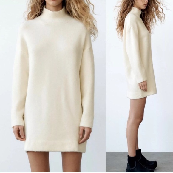 Zara Wool Blend Turtleneck Mini Knit Dress In Oyster White Size Large - Picture 1 of 9